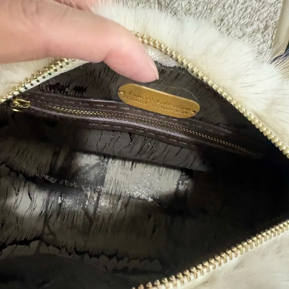 Ivory Real Mink Fur & Leather Handles Handmade Boston Bag & Mink Fur Bag Charm